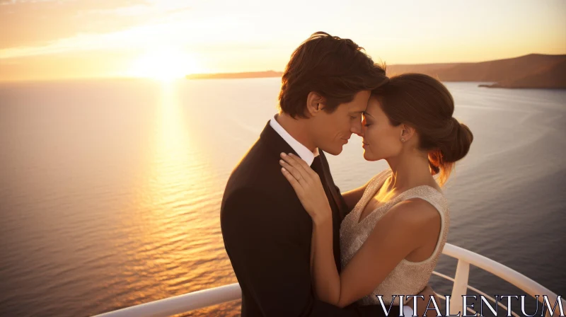 Romantic Sunset Embrace on Cruise Ship - A Moment of Elegance and Charm AI Image