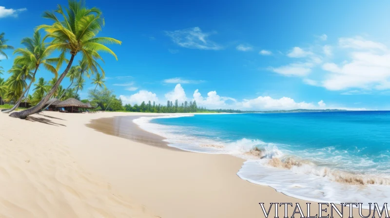 Tranquil Beach with Palm Trees and Blue Ocean | Realistic Rendering AI Image