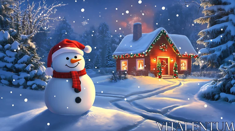 Winter Holiday Scene with Snowman and Decorated Cabin