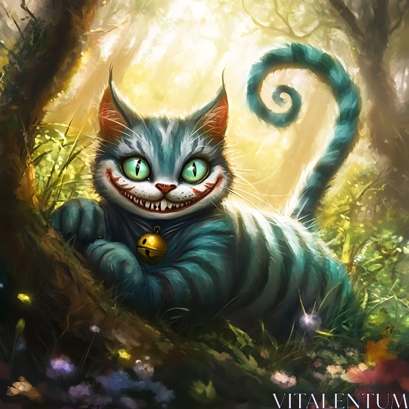 Mischievous Cat with Green Eyes in Mystical Woodland