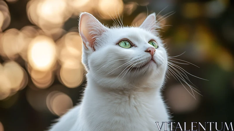 Portrait of a White Cat with Green Eyes and Bokeh Light