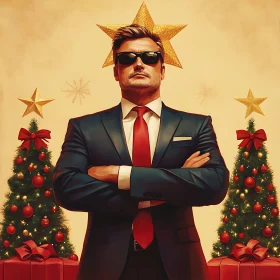 Festive Man Posing in Front of Christmas Trees