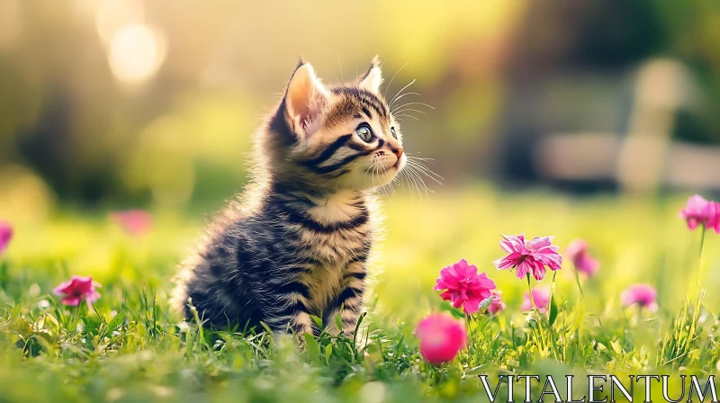 Cute Kitten Surrounded by Flowers in Sunlight