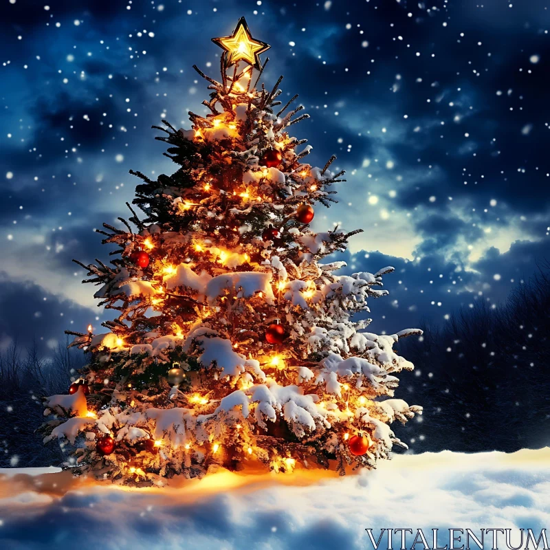 Festive Christmas Tree in Wintery Scene