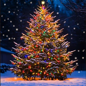 Sparkling Christmas Tree with Colorful Lights and Snow