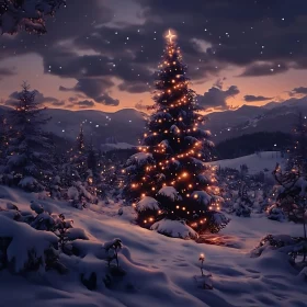 Illuminated Christmas Tree Amidst Snowy Mountains at Dusk