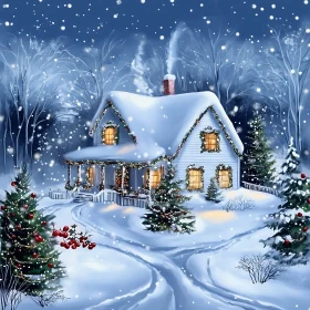 Festive Winter Cottage with Christmas Lights in Snowy Landscape