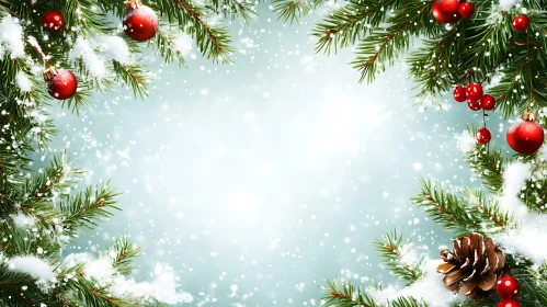 Christmas Scene with Snow-Covered Pine Branches and Red Ornaments