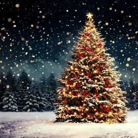 Festive Christmas Tree With Lights in Snow
