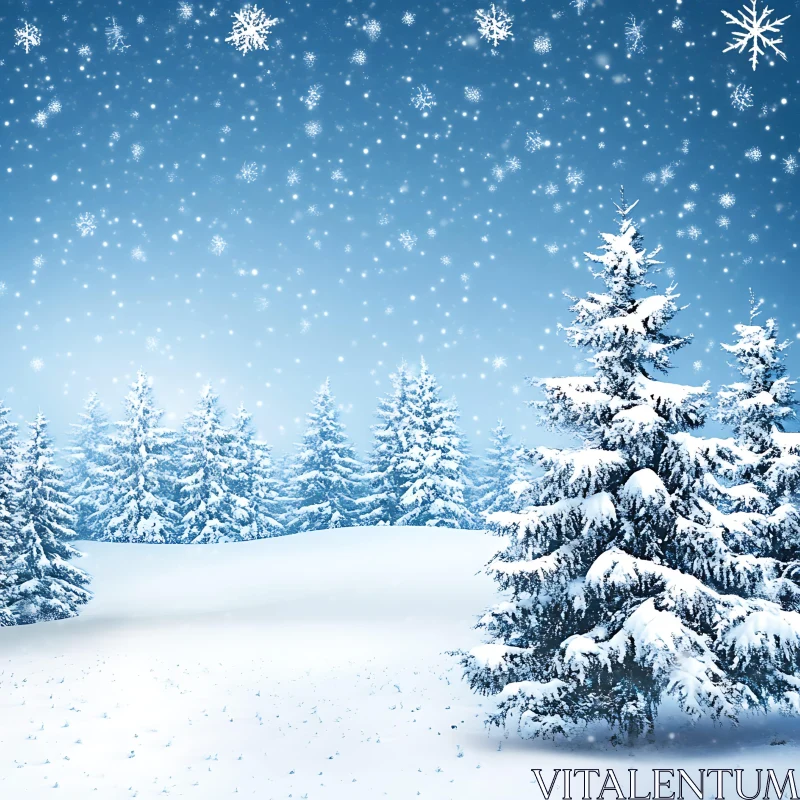 Snow-Covered Pine Trees in Wintery Forest