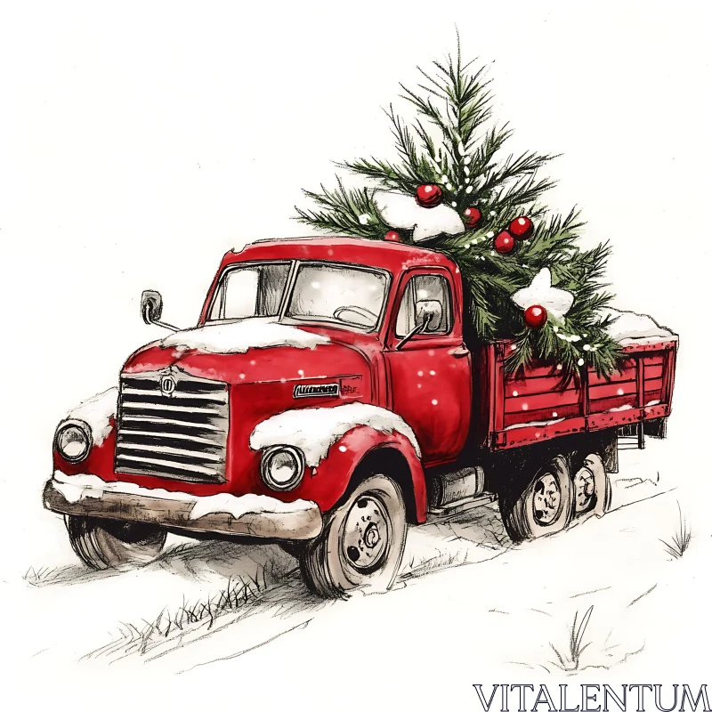 Festive Red Truck with Holiday Pine Tree