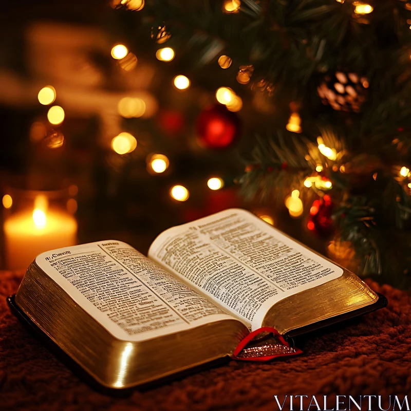 Bible and Christmas Tree with Candle