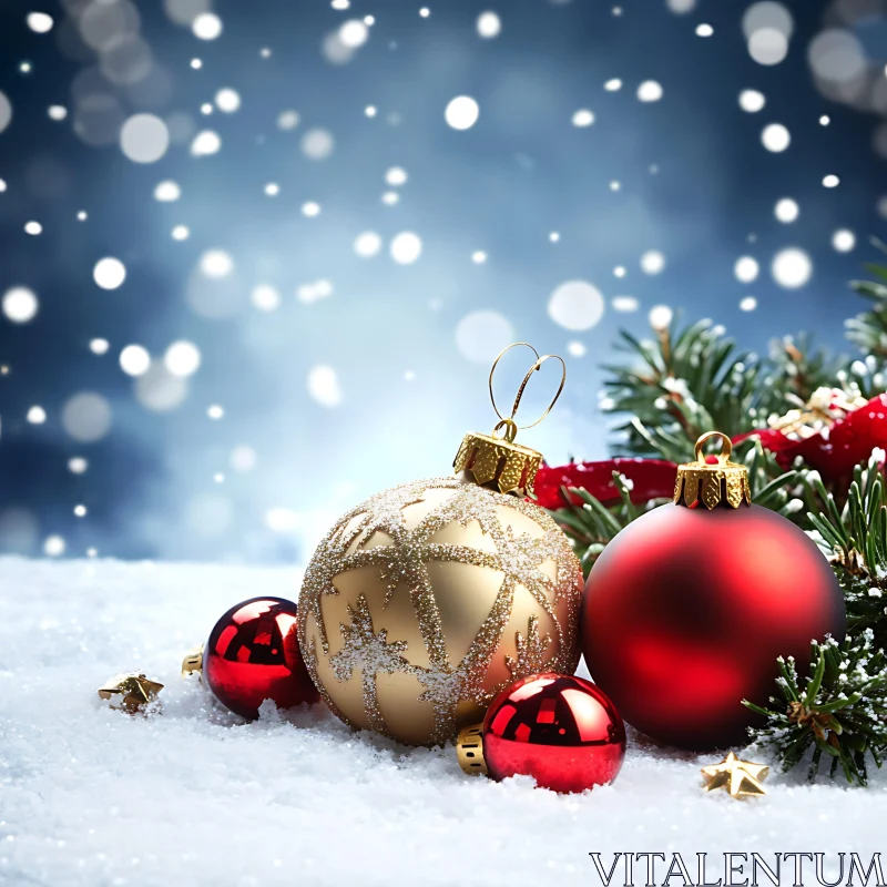 Holiday Scene with Christmas Decorations and Snow