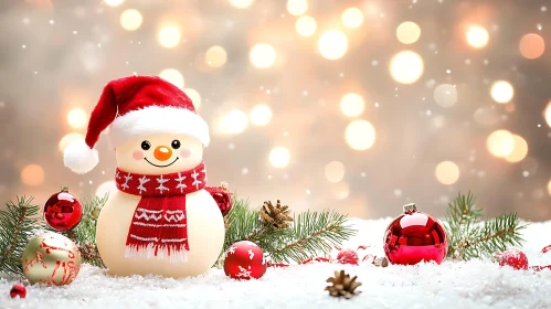 Snowman with Santa Hat and Christmas Ornaments