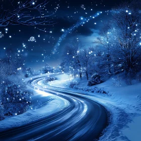 Winter Wonderland: Snowy Forest Road under Starry Sky