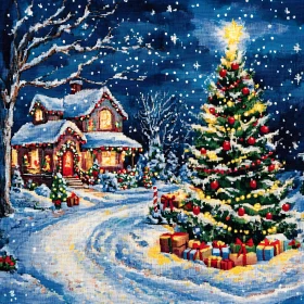 Festive Winter Night Scene with Illuminated Decorations