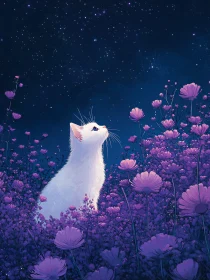 Cat in a Field of Purple Flowers at Night