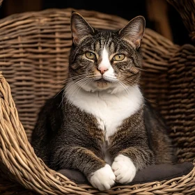 Serene Cat in Wicker Basket