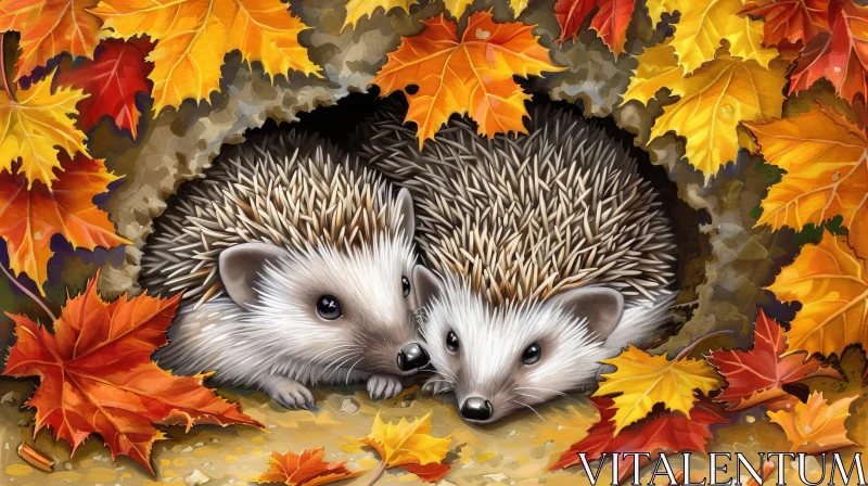 Adorable Hedgehog Duo in Autumn Setting AI Image