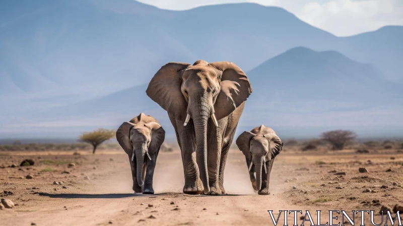 African Elephant Family Walking in Arid Landscape AI Image