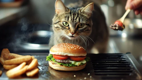 Hungry Cat Observing Burger Preparation