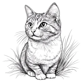 Intricate Line Drawing of a Cat in Grass