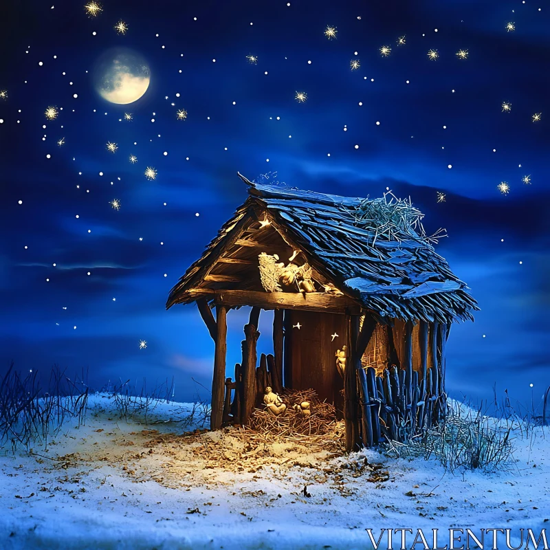 Moonlit Nativity Scene with Snow and Stars AI Image