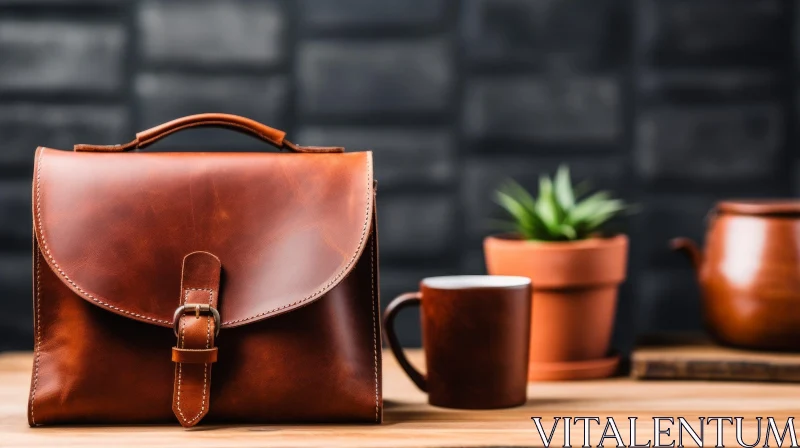 AI ART Brown Leather Briefcase on Wooden Table with Coffee Mug and Plant