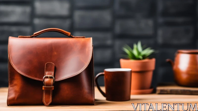 Brown Leather Briefcase on Wooden Table with Coffee Mug and Plant