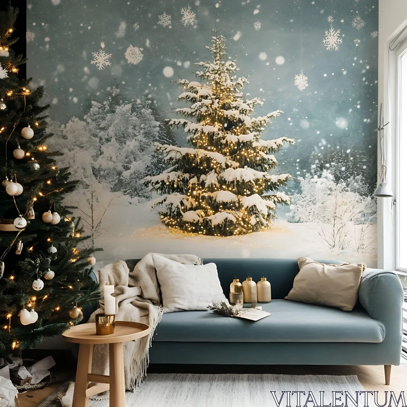Festive Living Room with Christmas Tree and Snowy Scenery