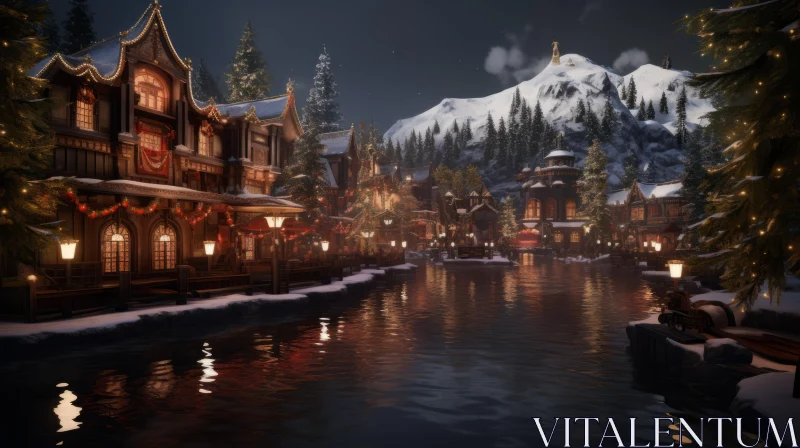 Captivating Winter Scene: Christmas Village in the Mountains AI Image