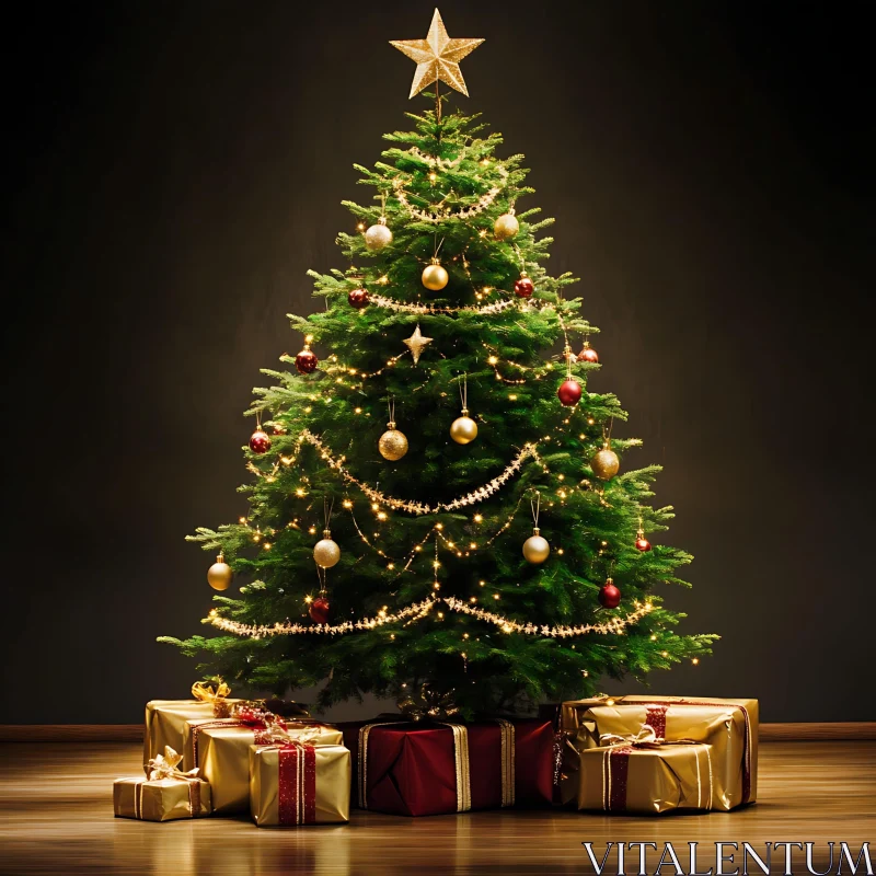 Christmas Tree with Golden and Red Ornaments