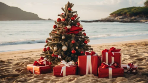 Christmas Tree on Beach with Presents - Pop-culture-infused Snapshot Aesthetic