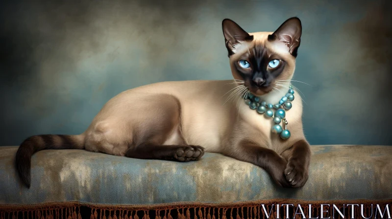 Elegant Siamese Cat on Blue Couch AI Image