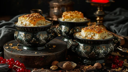 Exquisite Ceramic Bowl Set with Oriental Patterns | Dark and Mysterious Atmosphere