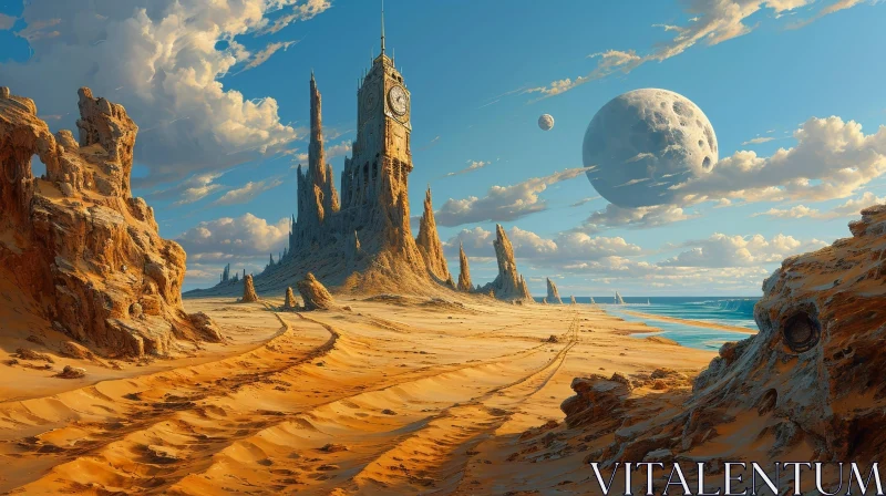 Majestic Desert Landscape with Clock Tower AI Image