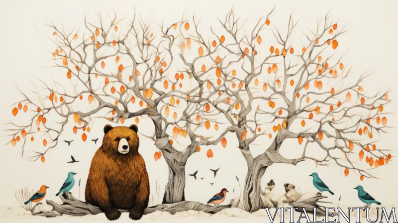 Perspective Rendering of Bear and Birds on a Tree - Ottoman Art AI Image