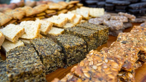 Scrumptious Assortment of Breads and Crackers on a Wooden Table