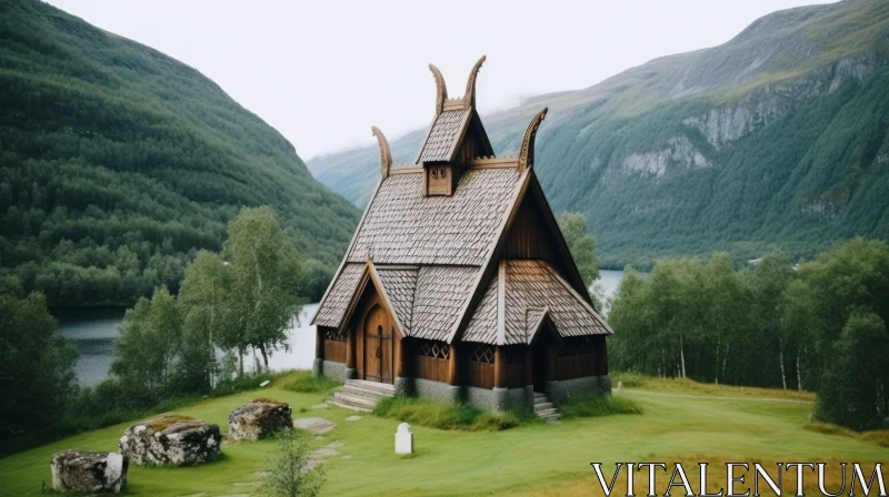 Serene Norwegian Viking Church by the Lake | Golden Age Aesthetics AI Image