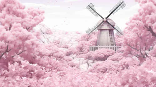 Serene Windmill and Pink Trees - Anime Aesthetic