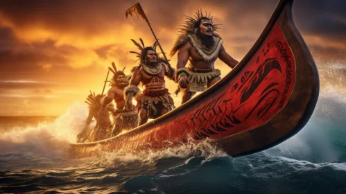 Serenity Unveiled: Natives Aboard a Canoe at Sunset in Unreal Engine 5 Style