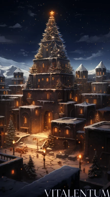 Snowy Ancient Town at Night | Epic Fantasy Art AI Image