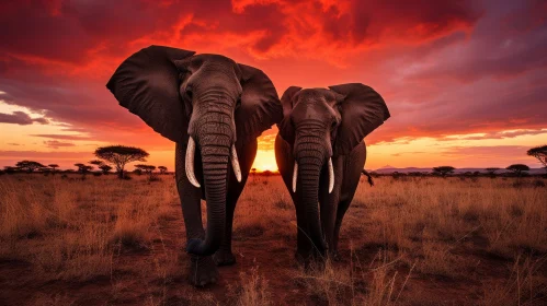 Spectacular Sunset: Two Elephants in Bold and Vibrant Colors