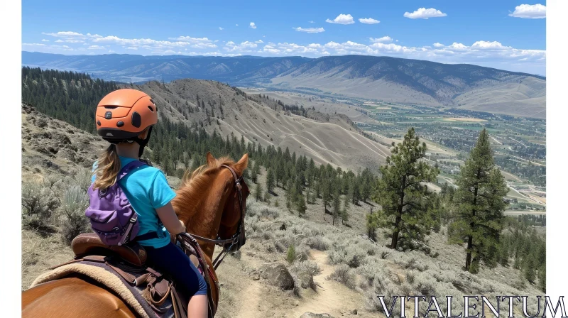 Young Girl Riding Horse on Mountain Trail AI Image