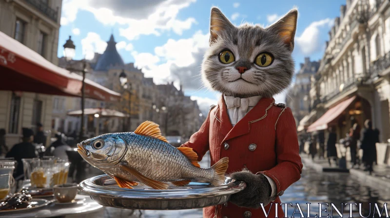 Cat Dressed as Waiter with Fish AI Image