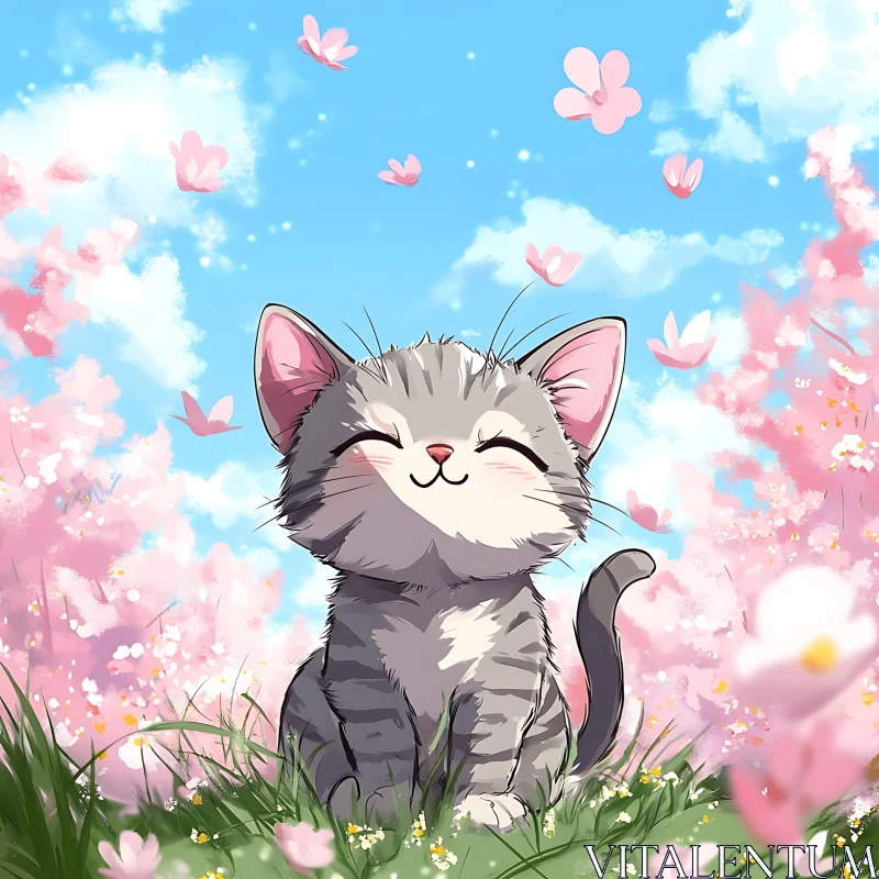 Happy Kitten in Spring Blossom Field AI Image