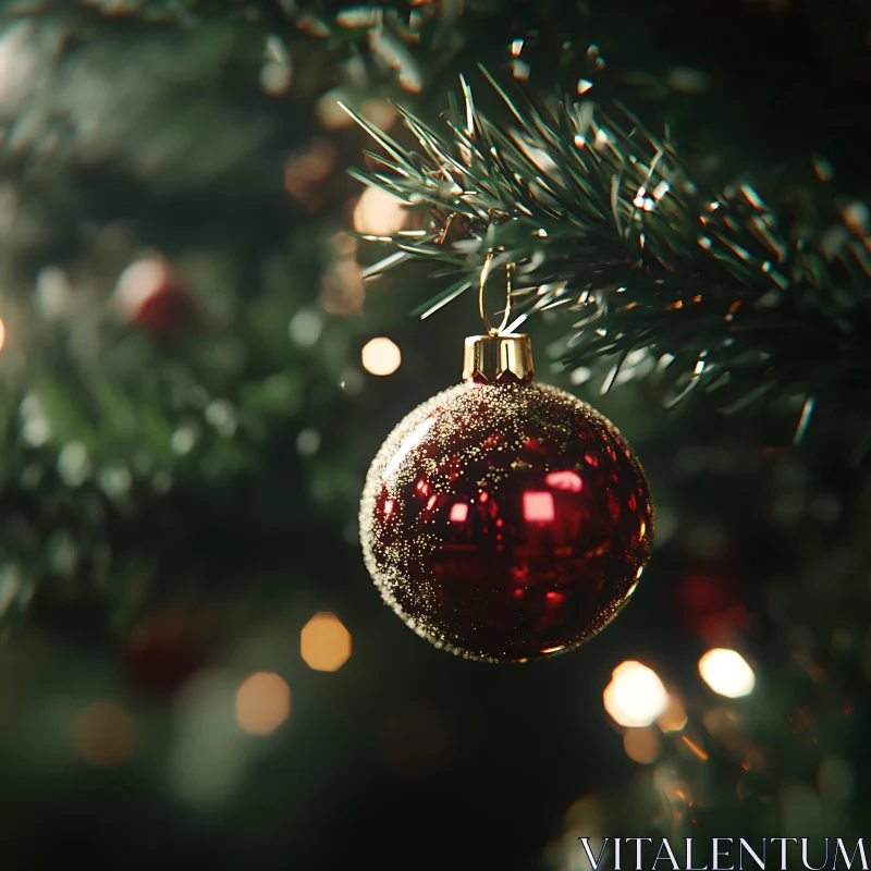 Festive Red Ornament on Christmas Tree AI Image