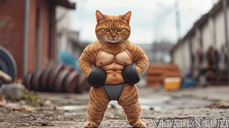 Boxing Cat Flexes Muscles in Urban Setting AI Image