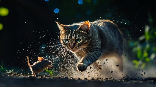 Cat Chasing Mouse Amidst Flying Dirt