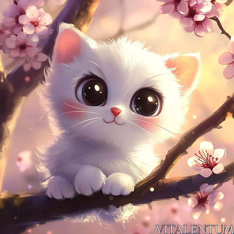 White Kitten on a Flowering Tree AI Image